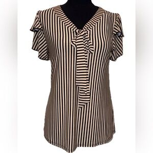 Atelier 29 Women's Short Sleeve Tan & Black Striped Blouse, Tie, NWT, Small